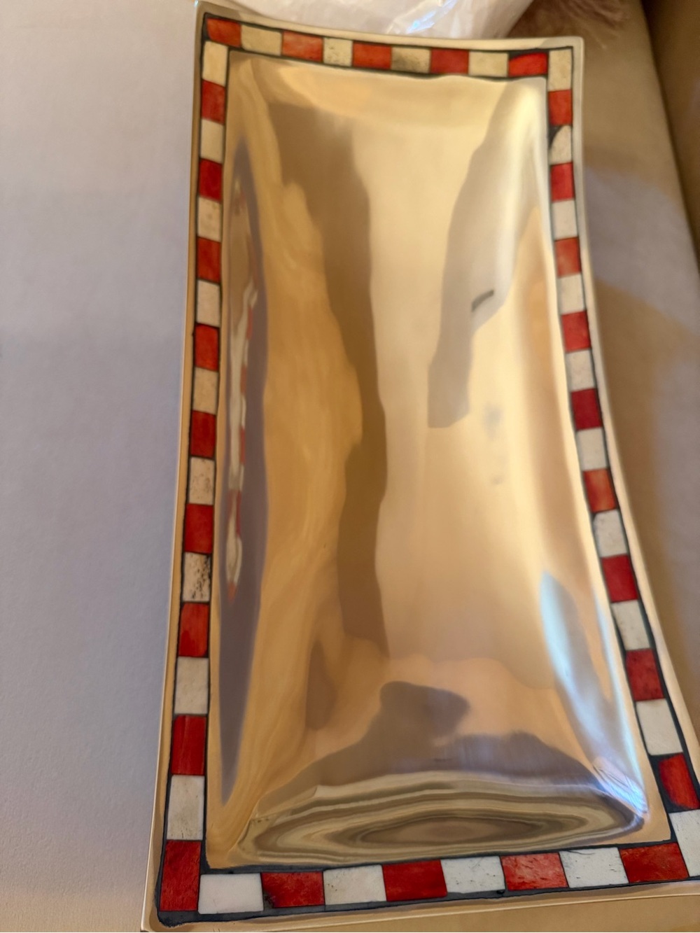 *New in Box*Mikasa Carnivale Holiday Silver Tray with Red and White Check Border